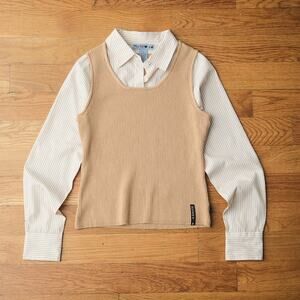 Mudd Sweater Striped Button-Up Layered Sweater Top Beige White S Officecore 00S